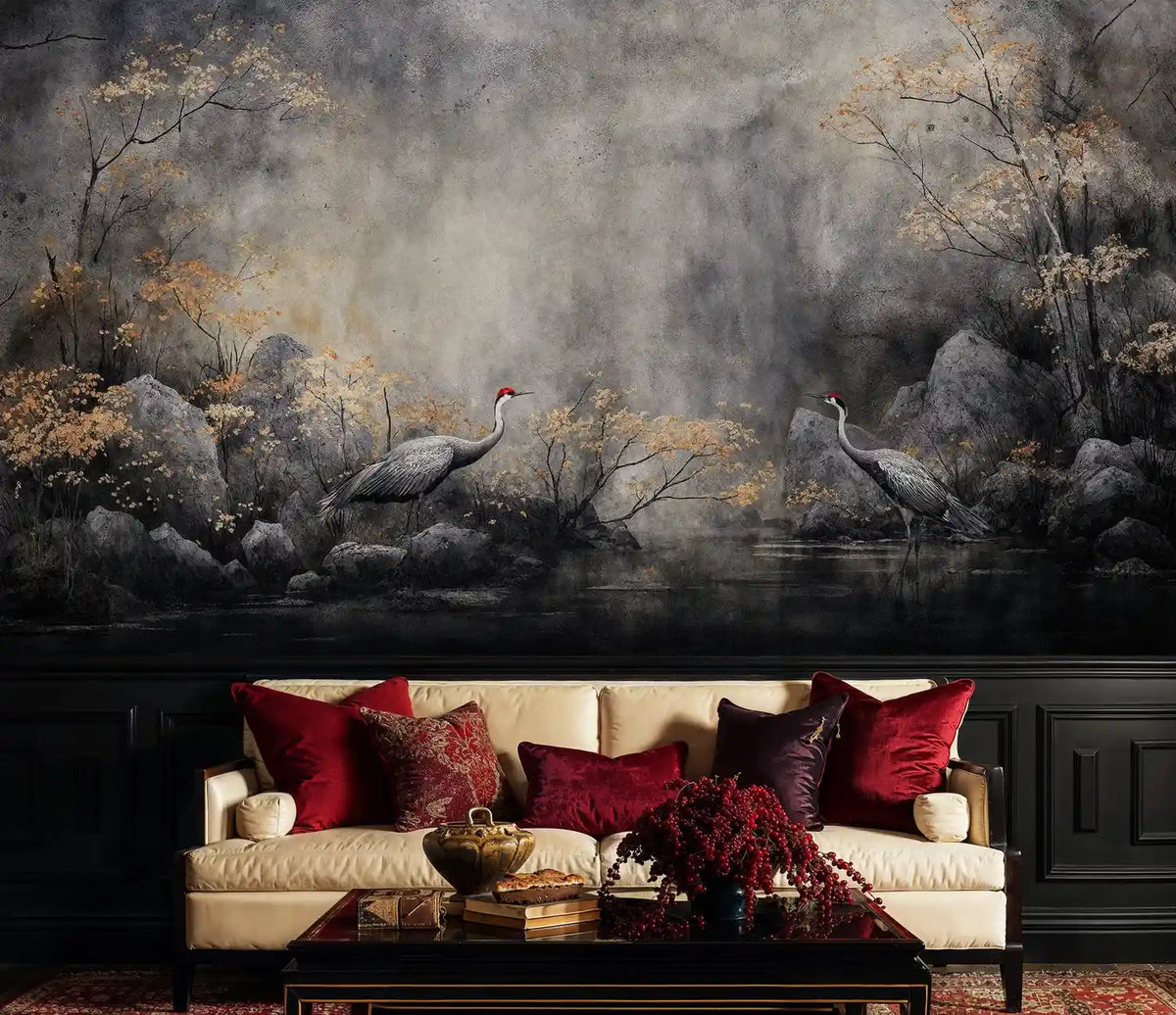 Mystical Cranes in Autumn Mist Wall Mural