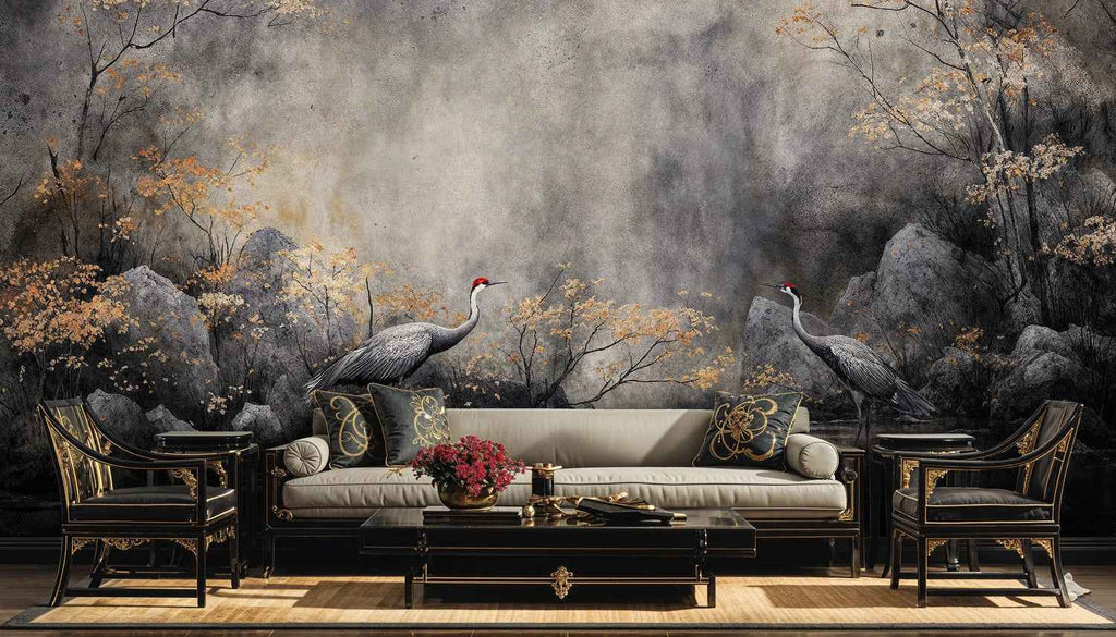 Mystical Cranes in Autumn Mist Wall Mural