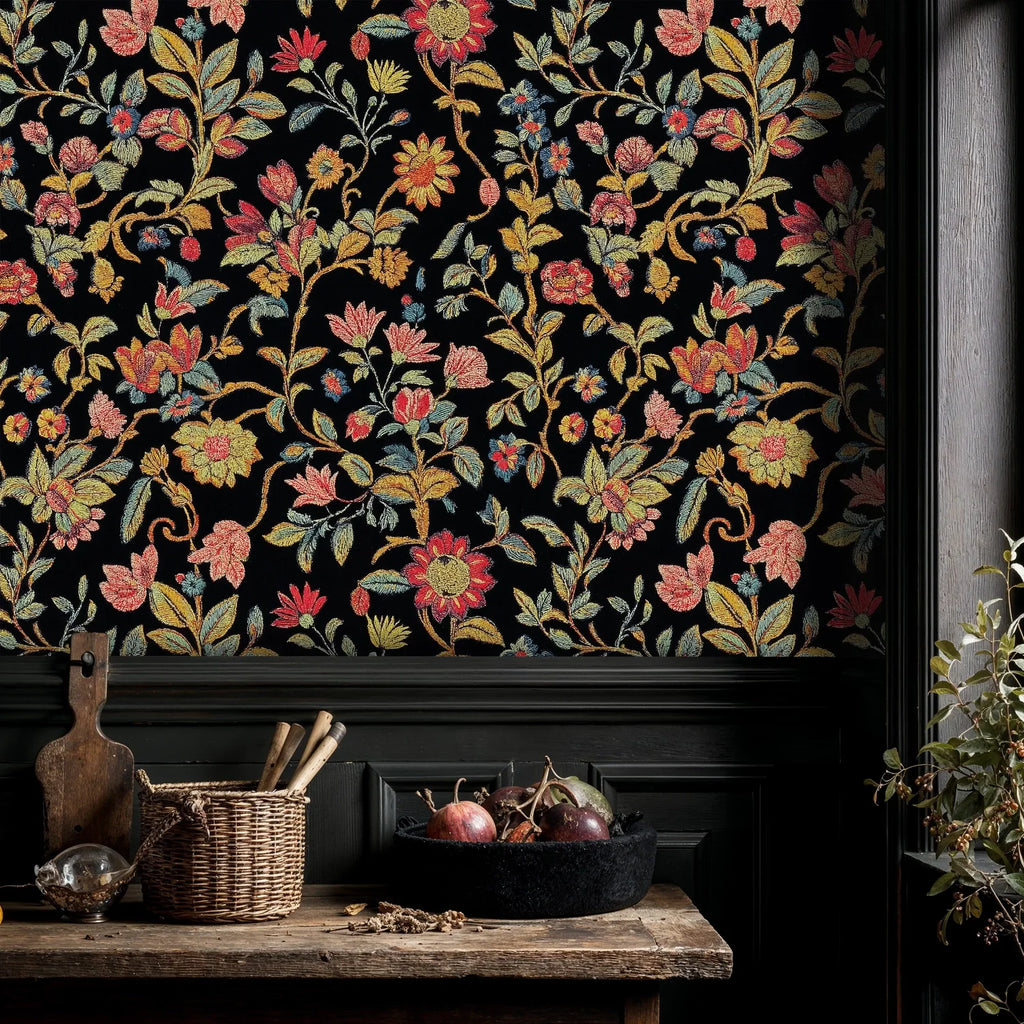 Dark Floral Embroidery Tapestry Wallpaper