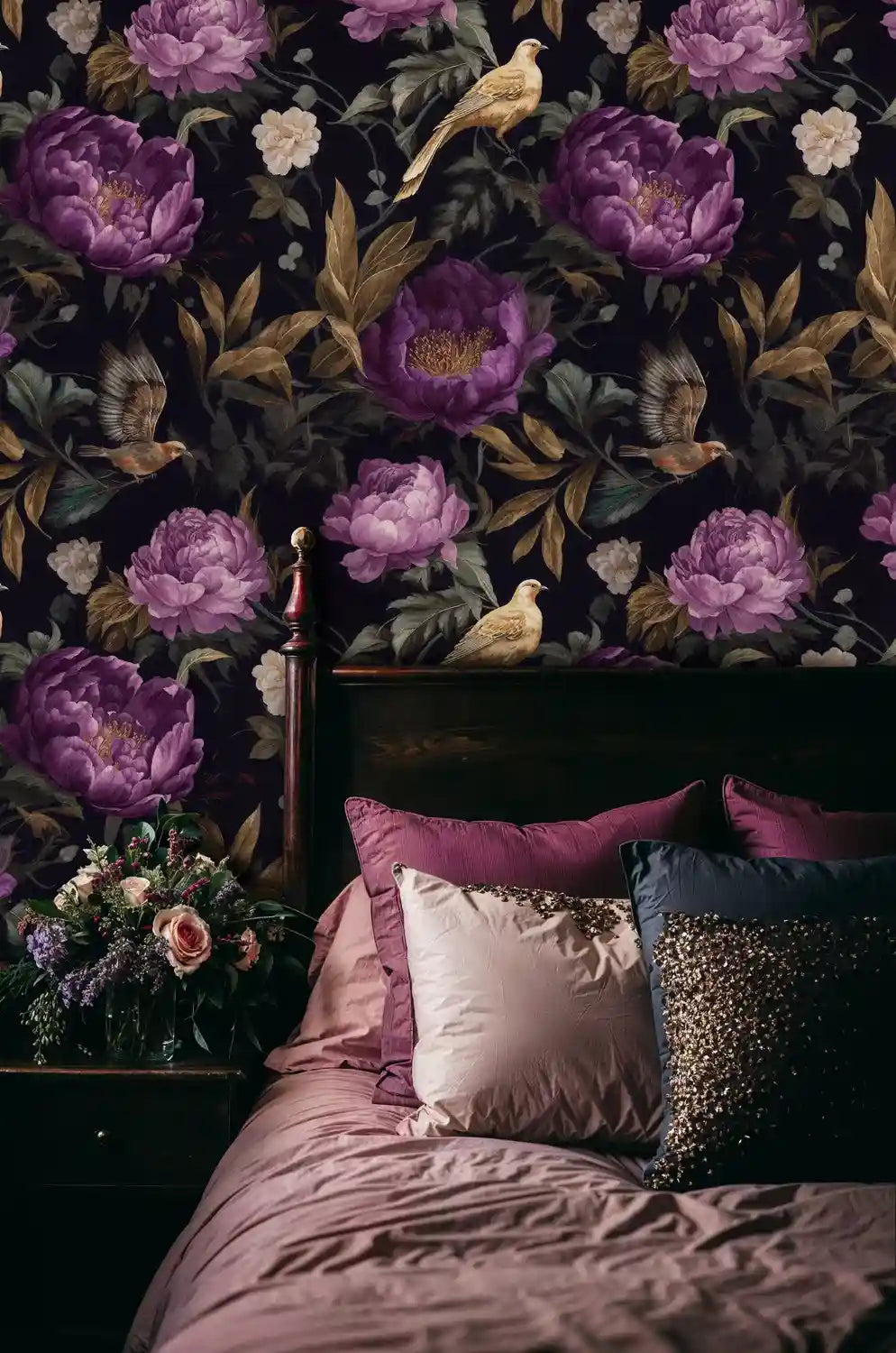 Moody Floral Birds Wallpaper