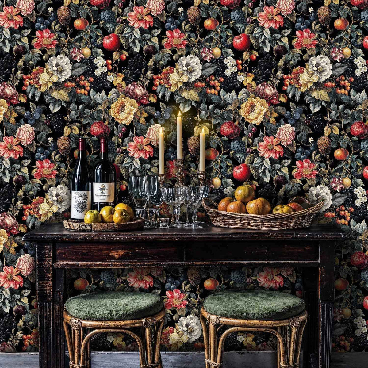 Dark Botanical Fruit Garden Wallpaper