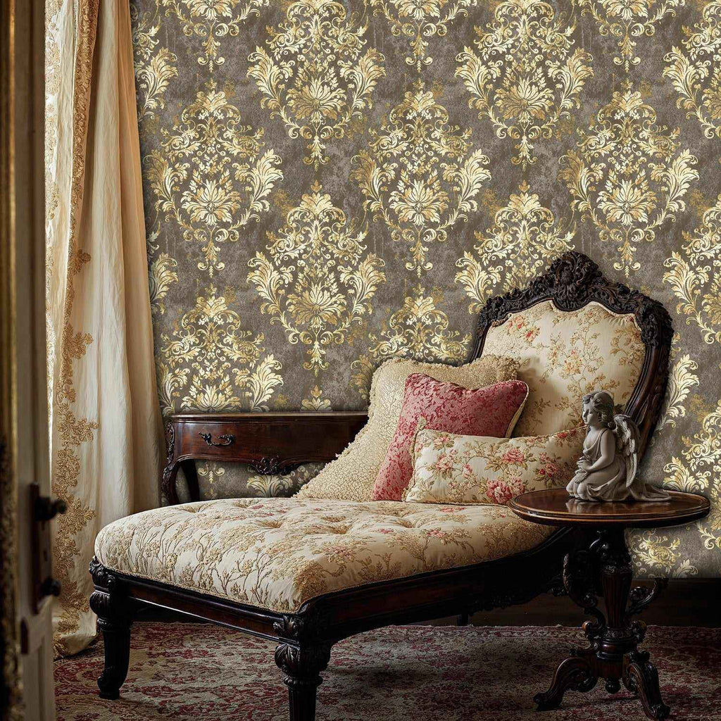 Ornate Gold and Grey Damask Wallpaper