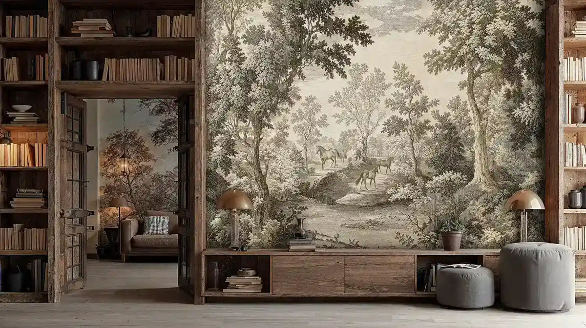 Equestrian Woodland Wall Mural in Beige and Brown