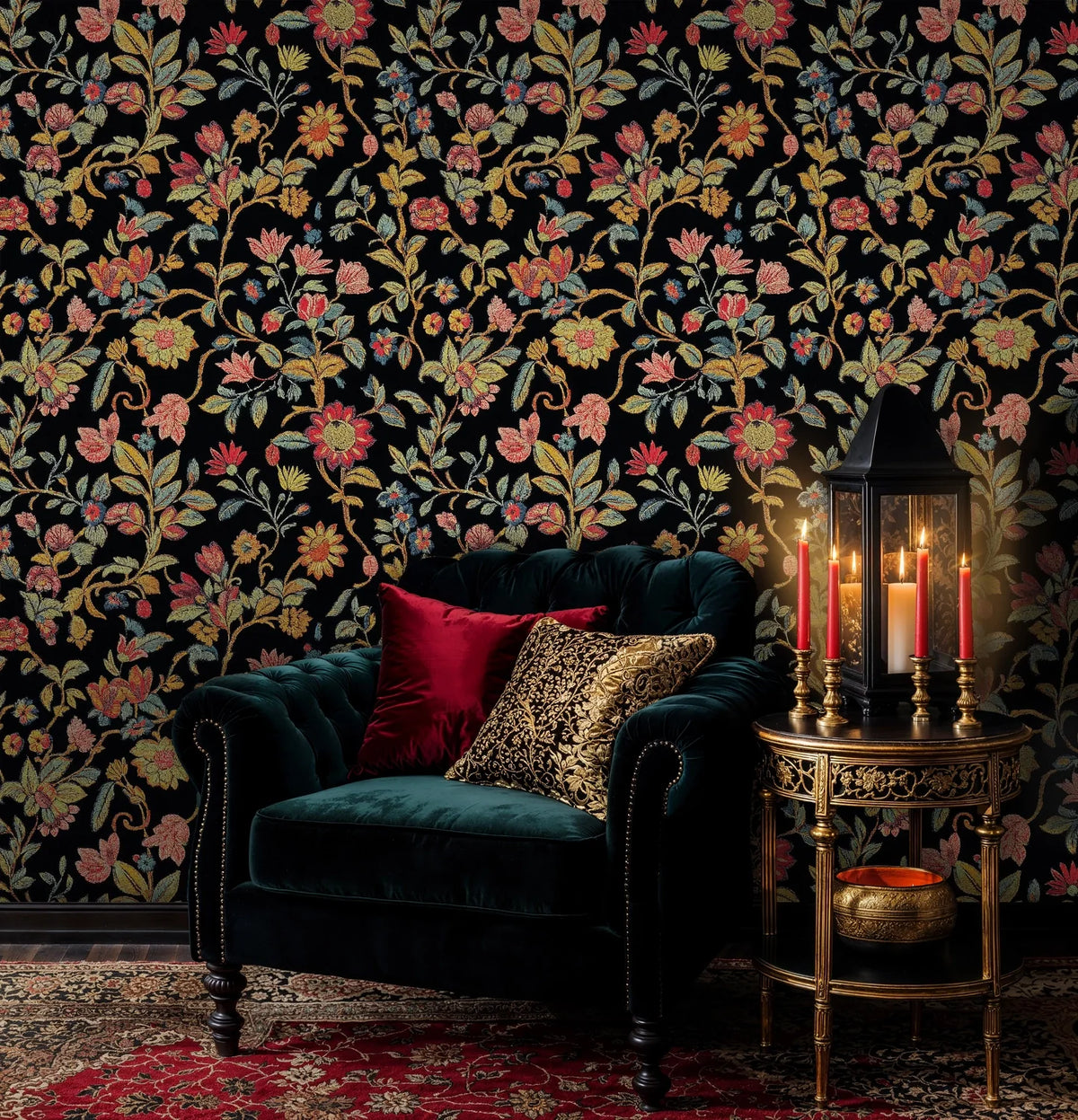 Dark Floral Embroidery Tapestry Wallpaper