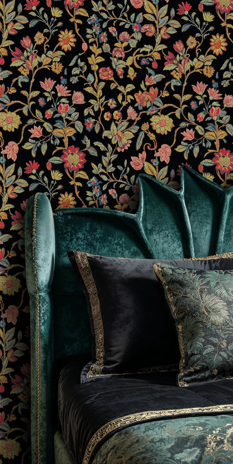 Dark Floral Embroidery Tapestry Wallpaper