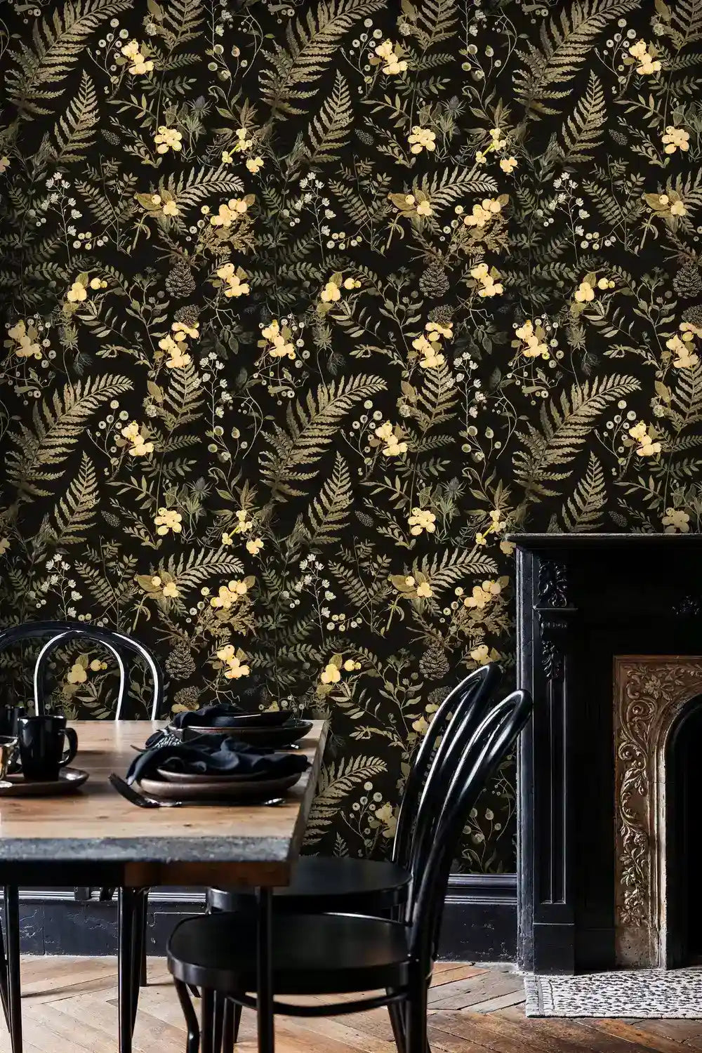 Gilded Botanical Wallpaper in Black and Gold
