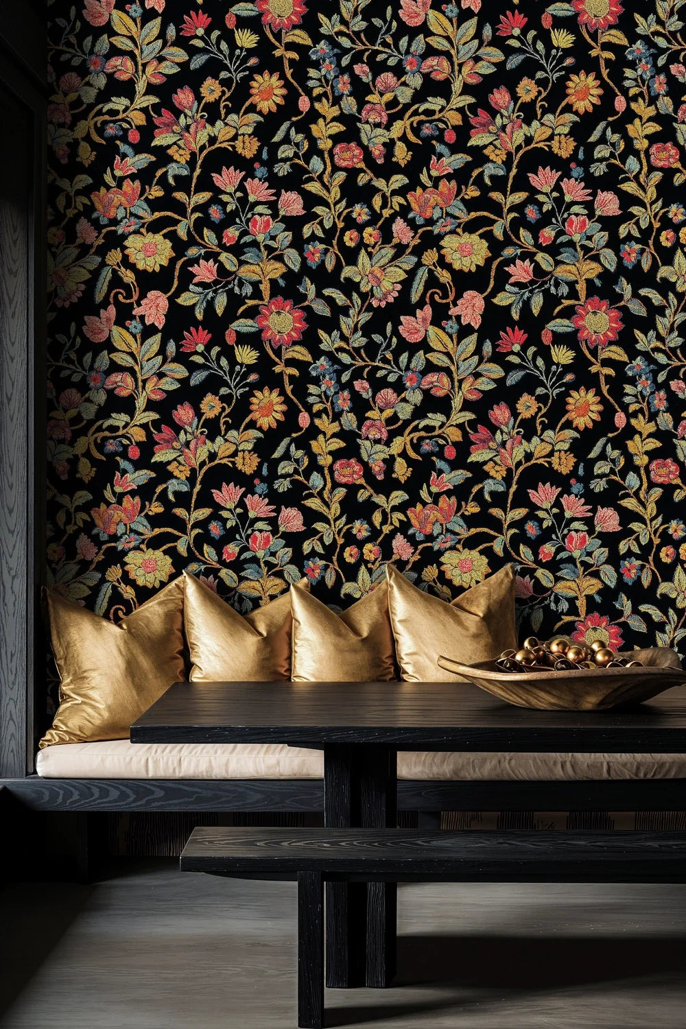 Dark Floral Embroidery Tapestry Wallpaper