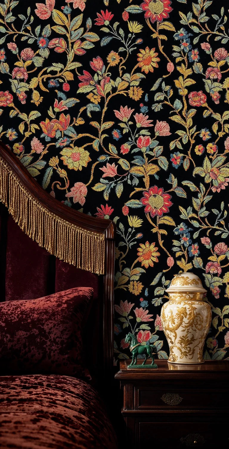 Dark Floral Embroidery Tapestry Wallpaper