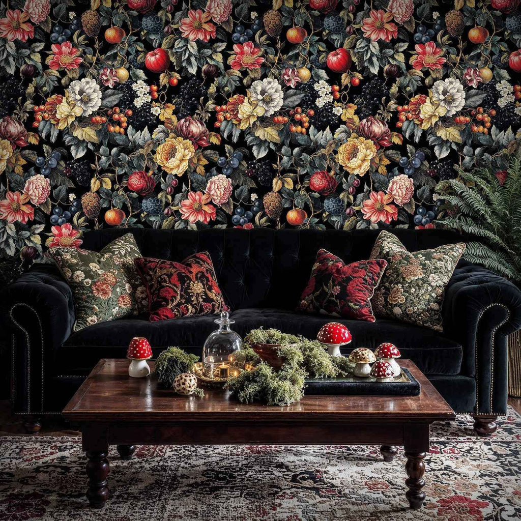 Dark Botanical Fruit Garden Wallpaper