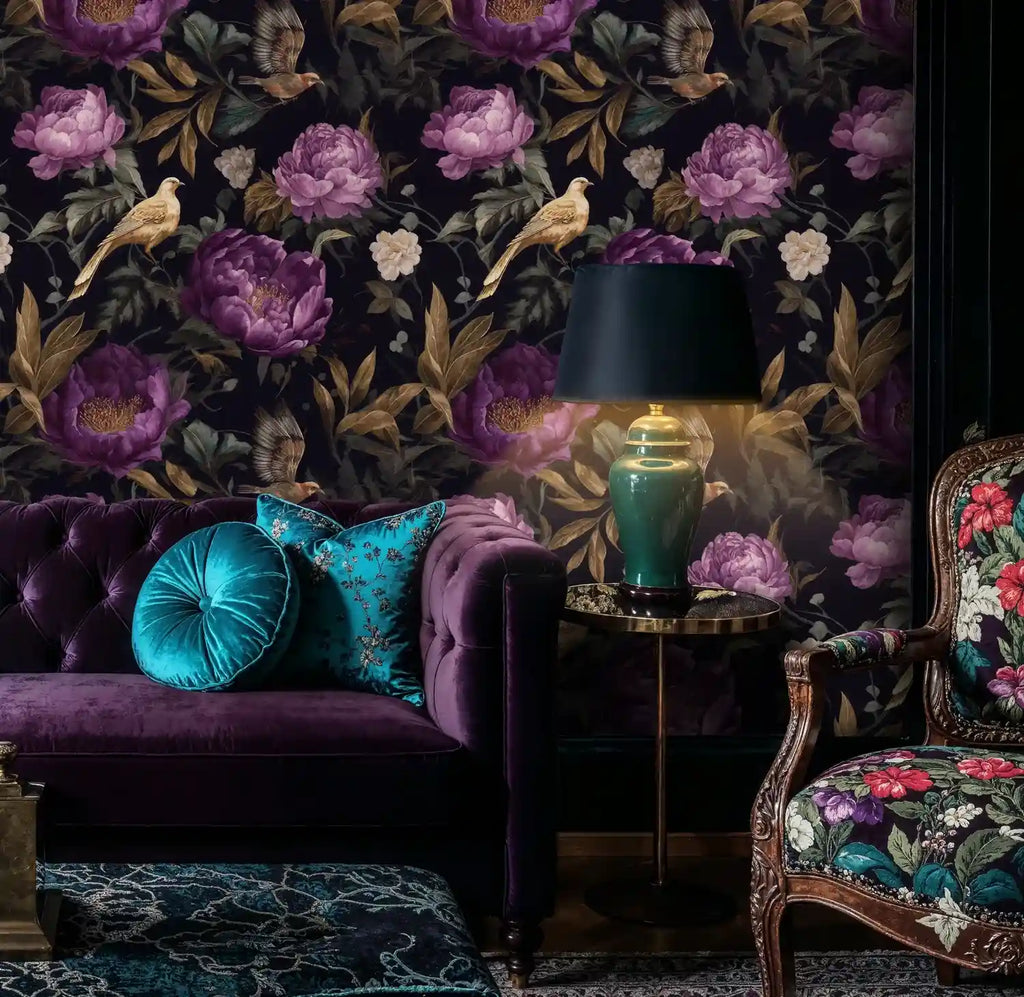 Moody Floral Birds Wallpaper