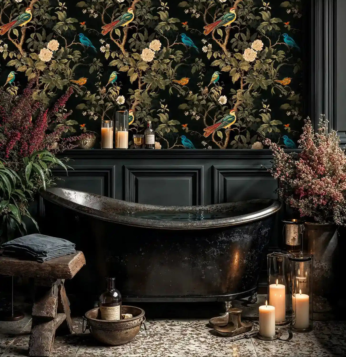Chinoiserie Night Garden Songbirds Wallpaper