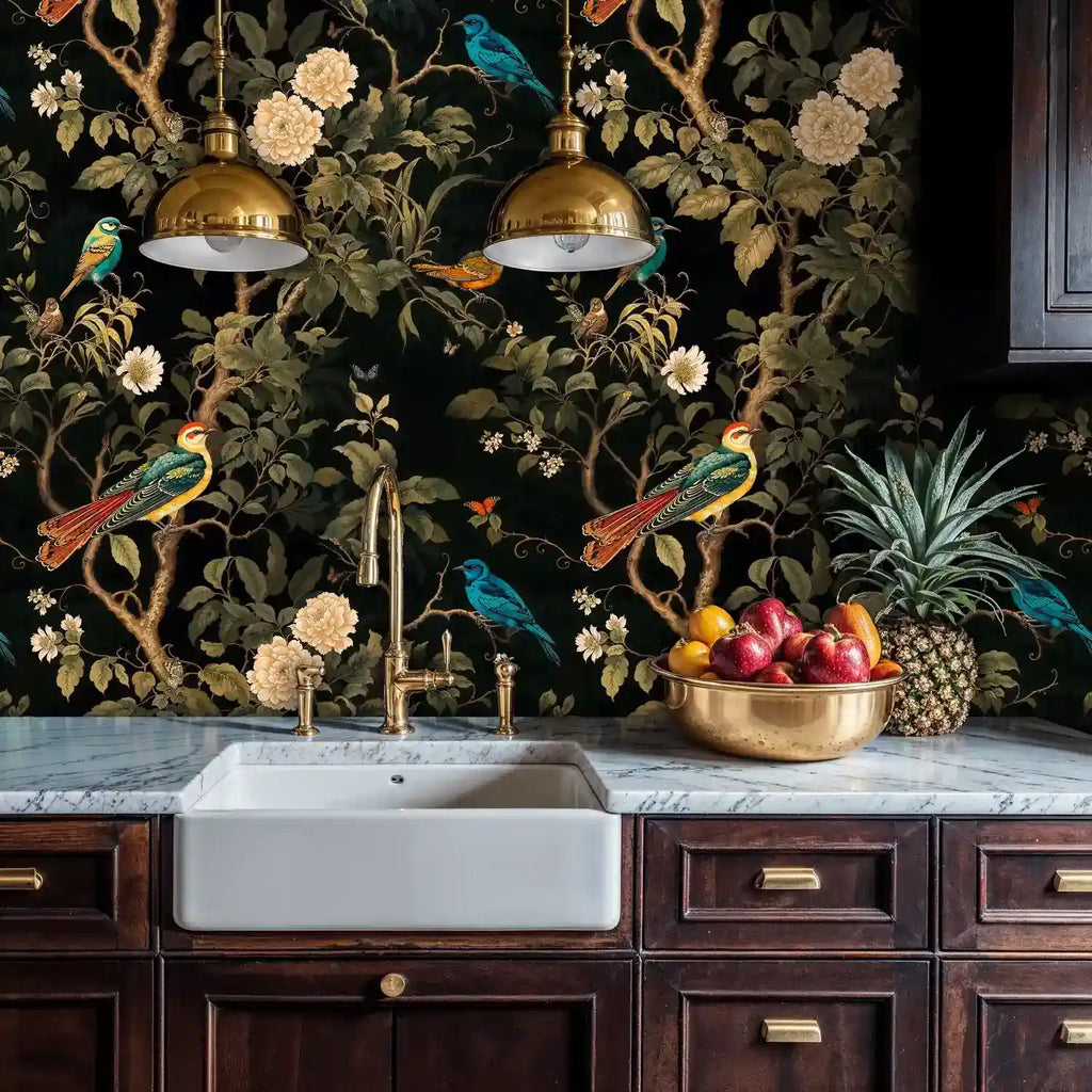 Chinoiserie Night Garden Songbirds Wallpaper