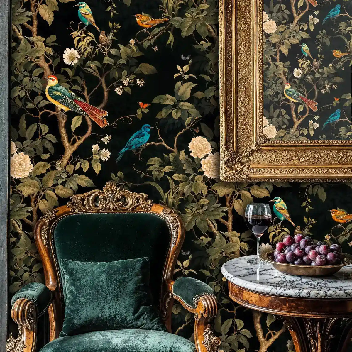Chinoiserie Night Garden Songbirds Wallpaper