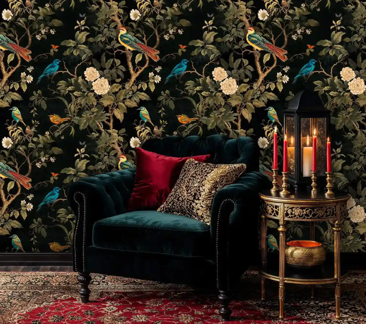 Chinoiserie Night Garden Songbirds Wallpaper