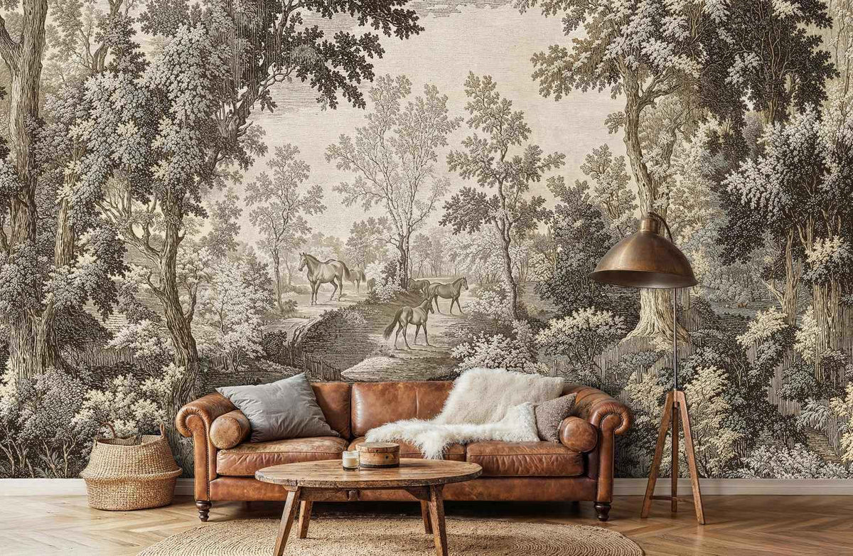 Equestrian Woodland Wall Mural in Beige and Brown