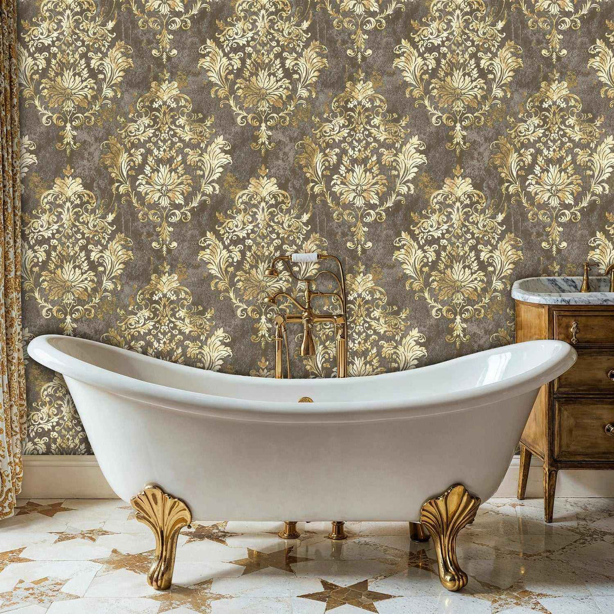 Ornate Gold and Grey Damask Wallpaper