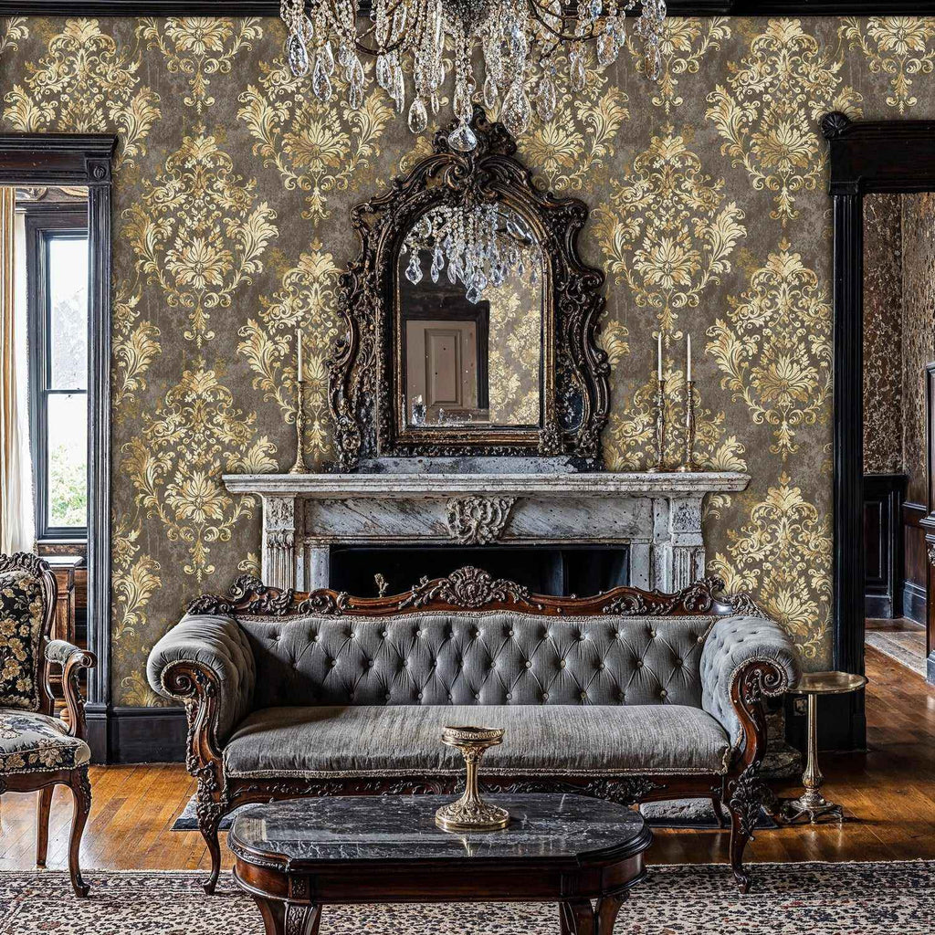 Ornate Gold and Grey Damask Wallpaper