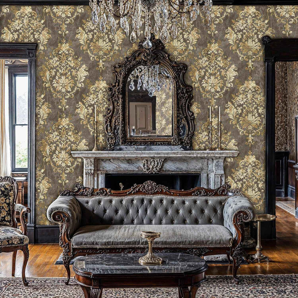 Ornate Gold and Grey Damask Wallpaper