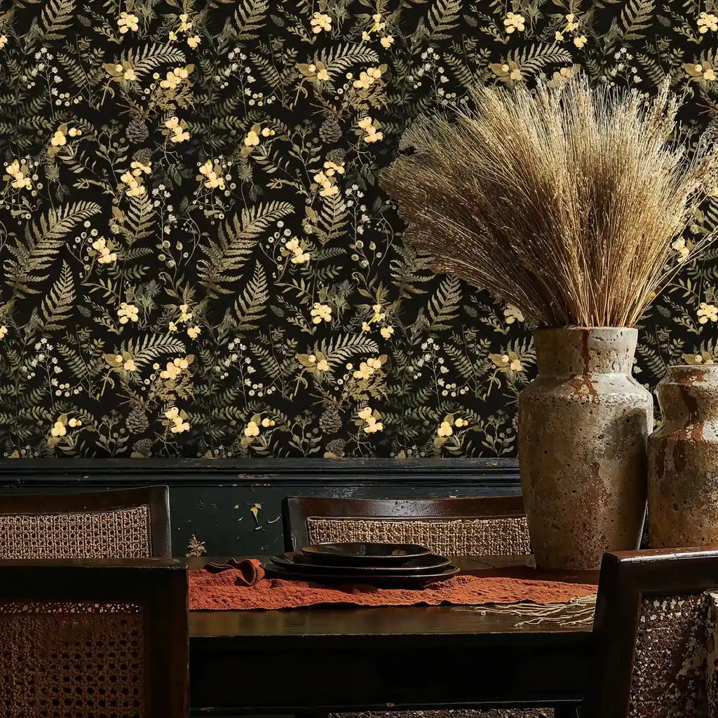 Gilded Botanical Wallpaper in Black and Gold