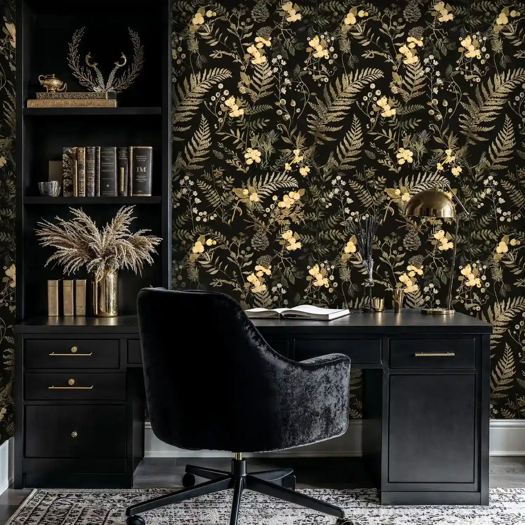 Gilded Botanical Wallpaper in Black and Gold