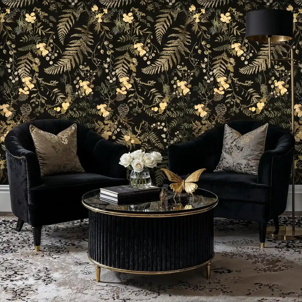 Gilded Botanical Wallpaper in Black and Gold