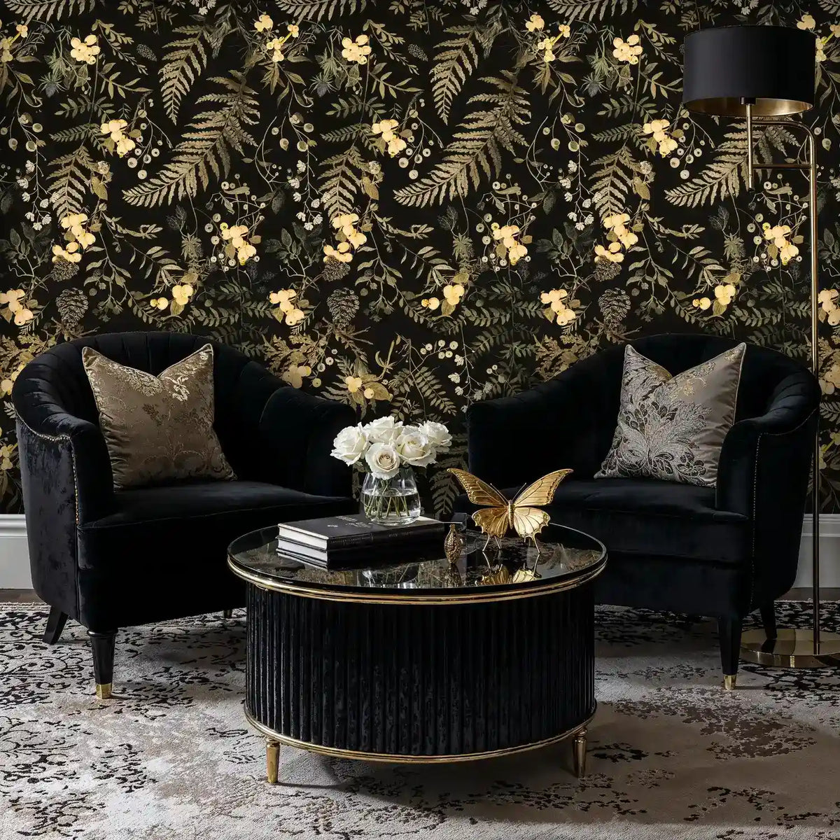 Gilded Botanical Wallpaper in Black and Gold