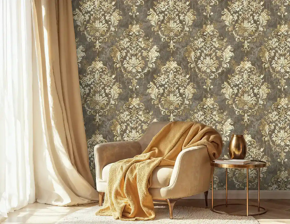 Ornate Gold and Grey Damask Wallpaper