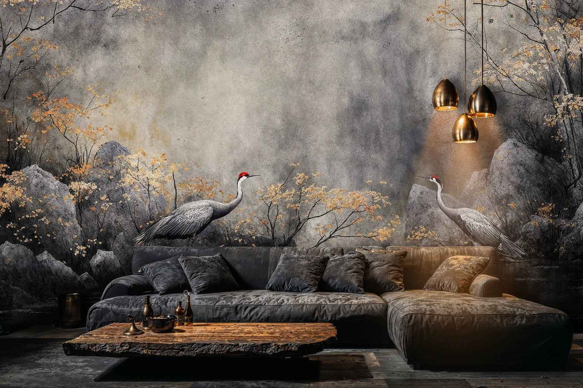 Mystical Cranes in Autumn Mist Wall Mural
