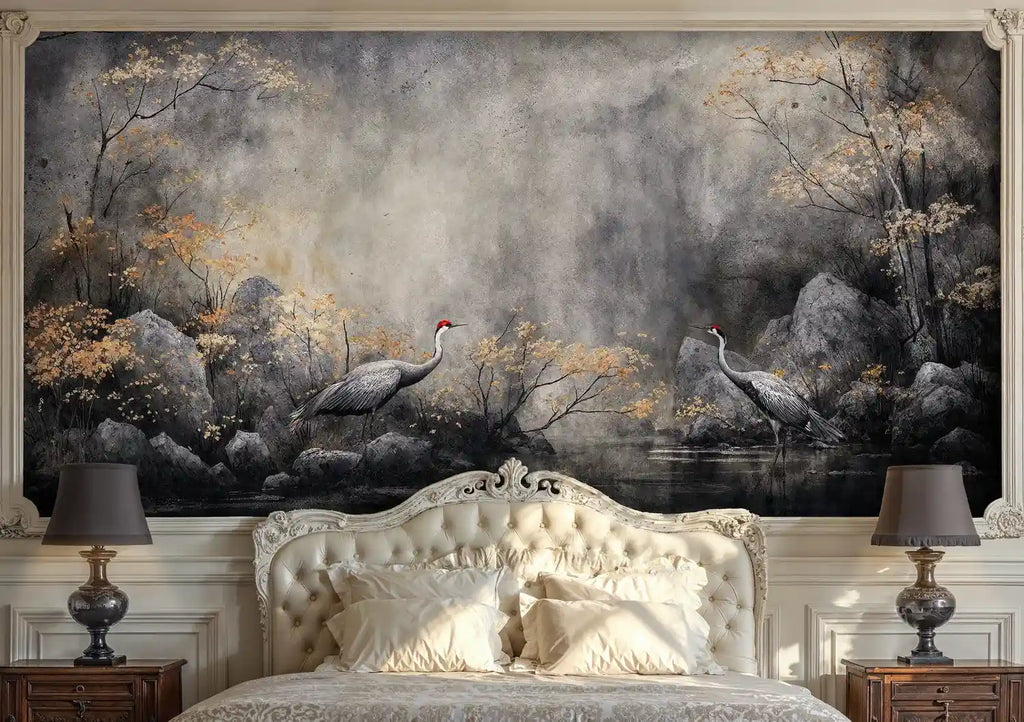 Mystical Cranes in Autumn Mist Wall Mural