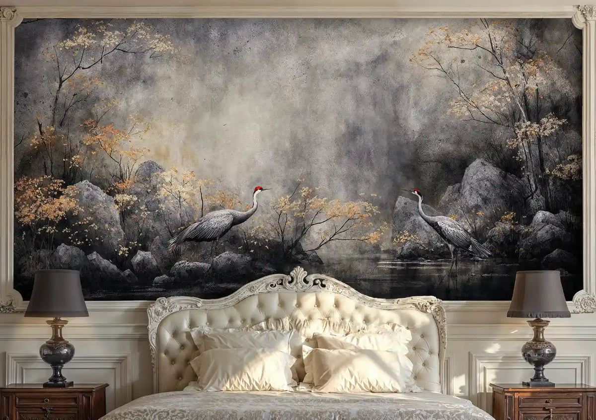 Mystical Cranes in Autumn Mist Wall Mural