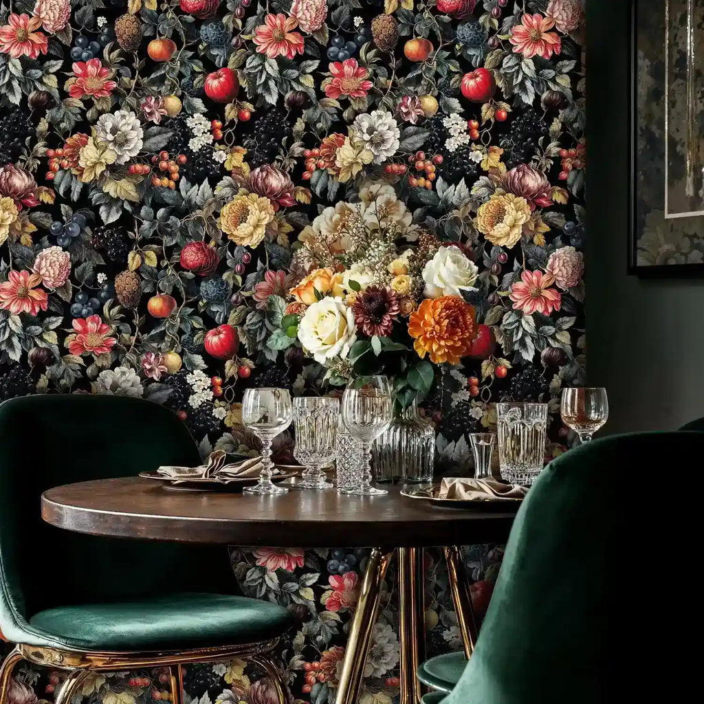 Dark Botanical Fruit Garden Wallpaper