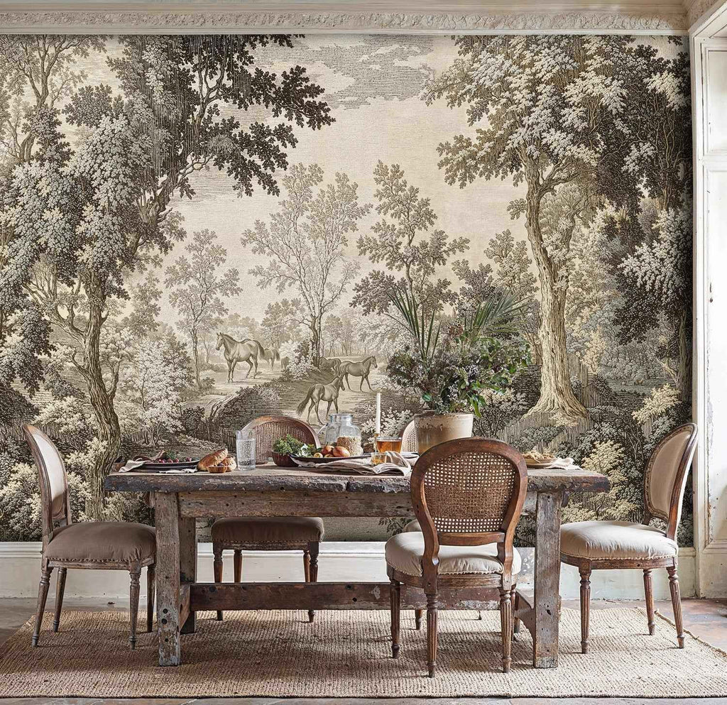 Equestrian Woodland Wall Mural in Beige and Brown
