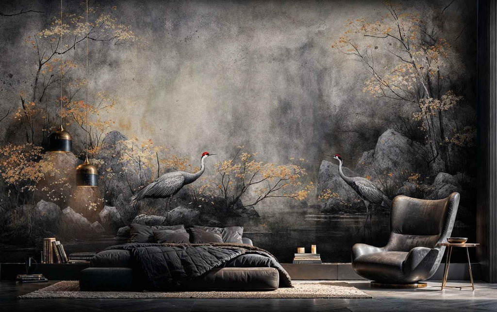 Mystical Cranes in Autumn Mist Wall Mural