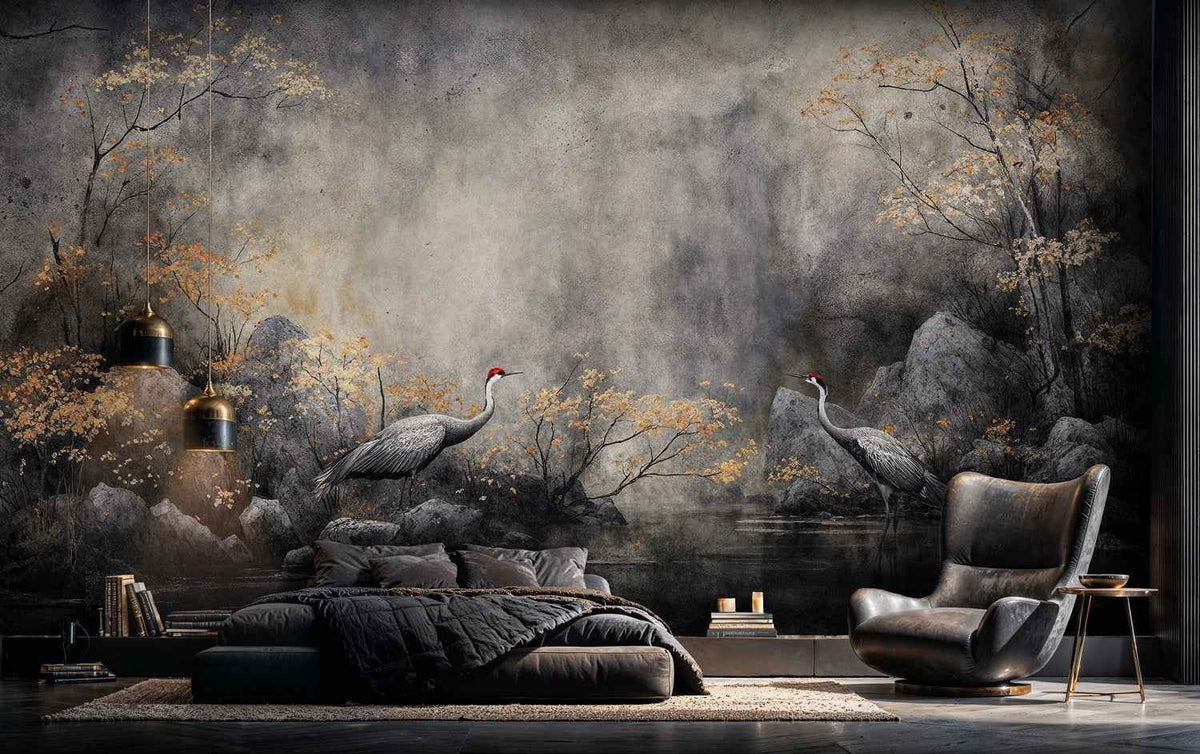 Mystical Cranes in Autumn Mist Wall Mural