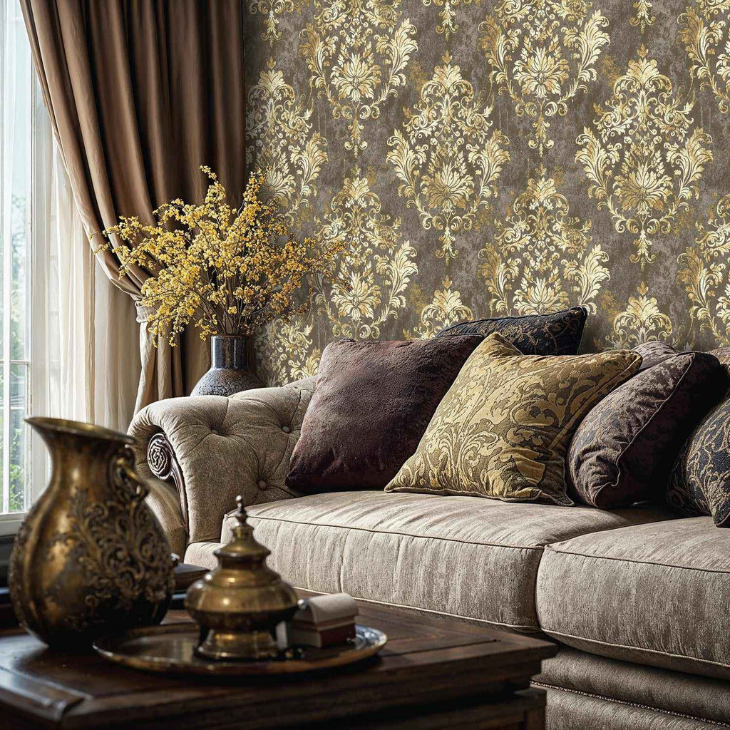 Ornate Gold and Grey Damask Wallpaper