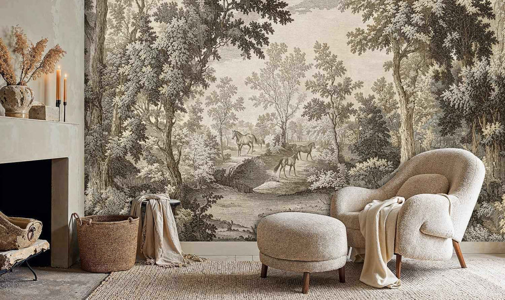 Equestrian Woodland Wall Mural in Beige and Brown